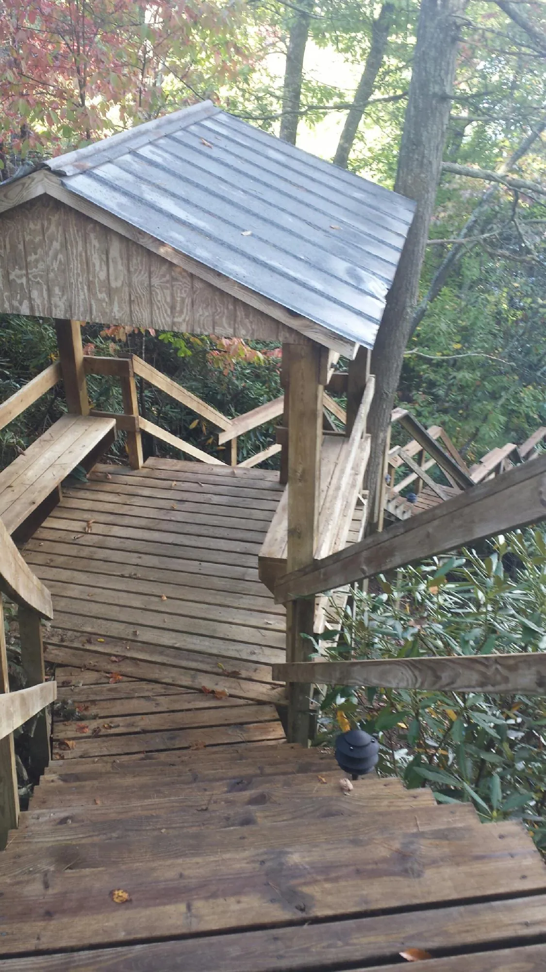 Metal roofed shelter over wooden steps on a wooded walkway — Skylight Repair & Installation work by our crew in Locust Hill